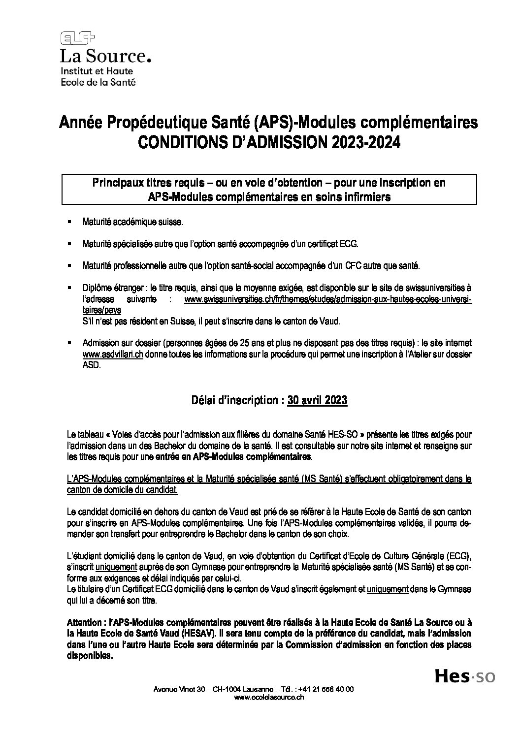 ADM_APS_20232024_Conditions d'admission_11.2022 Institut et Haute